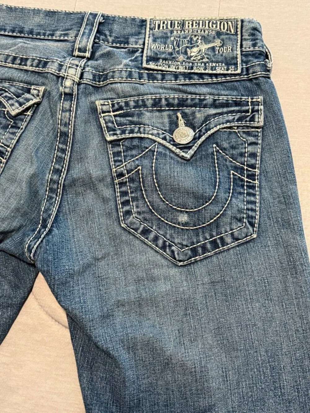 True Religion Mens Distressed Blue Denim Jeans Size 34 Section Joey Big T RN#112